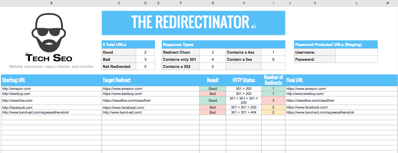Redirectinator redirect monitoring spreadsheet screenshot